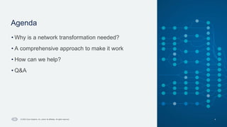 Agenda
4
© 2023 Cisco Systems, Inc. and/or its affiliates. All rights reserved.
• Why is a network transformation needed?
• A comprehensive approach to make it work
• How can we help?
• Q&A
 