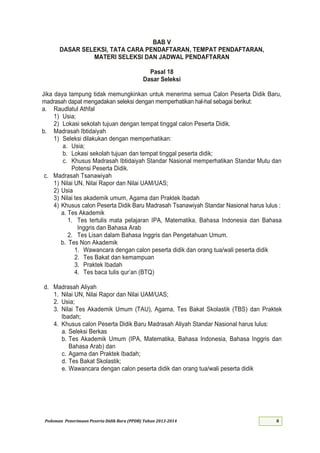 Pedoman Penerimaan Peserta Didik Baru (PPDB) Tahun 2013-
BAB V
DASAR SELEKSI, TATA CARA PENDAFTARAN, TEMPAT PENDAFTARAN,
MATERI SELEKSI DAN JADWAL PENDAFTARAN
Pasal 18
Dasar Seleksi
Jika daya tampung tidak memungkinkan untuk menerima semua Calon Peserta Didik Baru,
madrasah dapat mengadakan seleksi dengan memperhatikan hal-hal sebagai berikut:
a. Raudlatul Athfal
1) Usia;
2) Lokasi sekolah tujuan dengan tempat tinggal calon Peserta Didik.
b. Madrasah Ibtidaiyah
1) Seleksi dilakukan dengan memperhatikan:
a. Usia;
b. Lokasi sekolah tujuan dan tempat tinggal peserta didik;
c. Khusus Madrasah Ibtidaiyah Standar Nasional memperhatikan Standar Mutu dan
Potensi Peserta Didik.
c. Madrasah Tsanawiyah
1) Nilai UN, Nilai Rapor dan Nilai UAM/UAS;
2) Usia
3) Nilai tes akademik umum, Agama dan Praktek Ibadah
4) Khusus calon Peserta Didik Baru Madrasah Tsanawiyah Standar Nasional harus lulus :
a. Tes Akademik
1. Tes tertulis mata pelajaran IPA, Matematika, Bahasa Indonesia dan Bahasa
Inggris dan Bahasa Arab
2. Tes Lisan dalam Bahasa Inggris dan Pengetahuan Umum.
b. Tes Non Akademik
1. Wawancara dengan calon peserta didik dan orang tua/wali peserta didik
2. Tes Bakat dan kemampuan
3. Praktek Ibadah
4. Tes baca tulis qur’an (BTQ)
d. Madrasah Aliyah
1. Nilai UN, Nilai Rapor dan Nilai UAM/UAS;
2. Usia;
3. Nilai Tes Akademik Umum (TAU), Agama, Tes Bakat Skolastik (TBS) dan Praktek
Ibadah;
4. Khusus calon Peserta Didik Baru Madrasah Aliyah Standar Nasional harus lulus:
a. Seleksi Berkas
b. Tes Akademik Umum (IPA, Matematika, Bahasa Indonesia, Bahasa Inggris dan
Bahasa Arab) dan
c. Agama dan Praktek Ibadah;
d. Tes Bakat Skolastik;
e. Wawancara dengan calon peserta didik dan orang tua/wali peserta didik
 