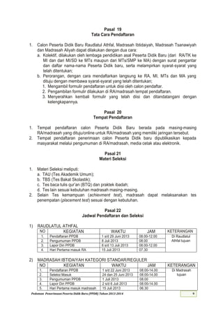 Pedoman Penerimaan Peserta Didik Baru (PPDB) Tahun 2013-
Pasal 19
Tata Cara Pendaftaran
1. Calon Peserta Didik Baru Raudlatul Athfal, Madrasah Ibtidaiyah, Madrasah Tsanawiyah
dan Madrasah Aliyah dapat dilakukan dengan dua cara:
a. Kolektif, dilakukan oleh lembaga pendidikan asal Peserta Didik Baru (dari RA/TK ke
MI dan dari MI/SD ke MTs maupun dari MTs/SMP ke MA) dengan surat pengantar
dan daftar nama-nama Peserta Didik baru, serta melampirkan syarat-syarat yang
telah ditentukan;
b. Perorangan, dengan cara mendaftarkan langsung ke RA, MI, MTs dan MA yang
dituju dengan membawa syarat-syarat yang telah ditentukan;
1. Mengambil formulir pendaftaran untuk diisi oleh calon pendaftar.
2. Pengambilan formulir dilakukan di RA/madrasah tempat pendaftaran.
3. Menyerahkan kembali formulir yang telah diisi dan ditandatangani dengan
kelengkapannya.
Pasal 20
Tempat Pendaftaran
1. Tempat pendaftaran calon Peserta Didik Baru berada pada masing-masing
RA/madrasah yang dituju/online untuk RA/madrasah yang memiliki jaringan tersebut.
2. Tempat pendaftaran penerimaan calon Peserta Didik baru dipublikasikan kepada
masyarakat melalui pengumuman di RA/madrasah, media cetak atau elektronik.
Pasal 21
Materi Seleksi
1. Materi Seleksi meliputi:
a. TAU (Tes Akademik Umum);
b. TBS (Tes Bakat Skolastik);
c. Tes baca tulis qur’an (BTQ) dan praktek ibadah;
d. Tes lain sesuai kebutuhan madrasah masing-masing.
2. Selain Tes kemampuan (achievment test), madrasah dapat melaksanakan tes
penempatan (placement test) sesuai dengan kebutuhan.
Pasal 22
Jadwal Pendaftaran dan Seleksi
1) RAUDLATUL ATHFAL
NO KEGIATAN WAKTU JAM KETERANGAN
Pendaftaran PPDB 1 s/d Juni - Di Raudlatul
Athfal tujuanPengumuman PPDB Juli
Lapor Diri PPDB s/d Juli -
Hari Pertama masuk RA Juli
2) MADRASAH IBTIDAIYAH KATEGORI STANDAR/REGULER
NO KEGIATAN WAKTU JAM KETERANGAN
Pendaftaran PPDB s/d Juni - Di Madrasah
tujuanSeleksi Masuk dan 2 Juni -
Pengumuman PPDB Juli
Lapor Diri PPDB s/d Juli -
Hari Pertama masuk madrasah Juli
 