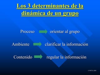 © WFTA 2001
Los 3 determinantes de la
dinámica de un grupo
Proceso orientar al grupo
Ambiente clarificar la información
Contenido regular la información
 