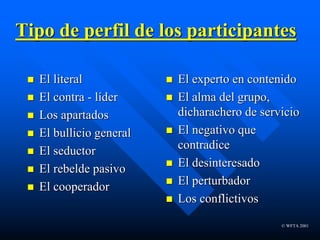 © WFTA 2001
Tipo de perfil de los participantes
 El literal
 El contra - líder
 Los apartados
 El bullicio general
 El seductor
 El rebelde pasivo
 El cooperador
 El experto en contenido
 El alma del grupo,
dicharachero de servicio
 El negativo que
contradice
 El desinteresado
 El perturbador
 Los conflictivos
 