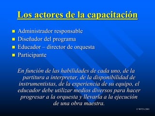 © WFTA 2001
Los actores de la capacitación
 Administrador responsable
 Diseñador del programa
 Educador – director de orquesta
 Participante
En función de las habilidades de cada uno, de la
partitura a interpretar, de la disponibilidad de
instrumentistas, de la experiencia de su equipo, el
educador debe utilizar medios diversos para hacer
progresar a la orquesta y llevarla a la ejecución
de una obra maestra.
 