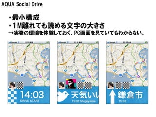 AQUA Social Drive

  ・最小構成
  ・１M離れても読める文字の大きさ
  →実際の環境を体験しておく、PC画面を見ていてもわからない。
 