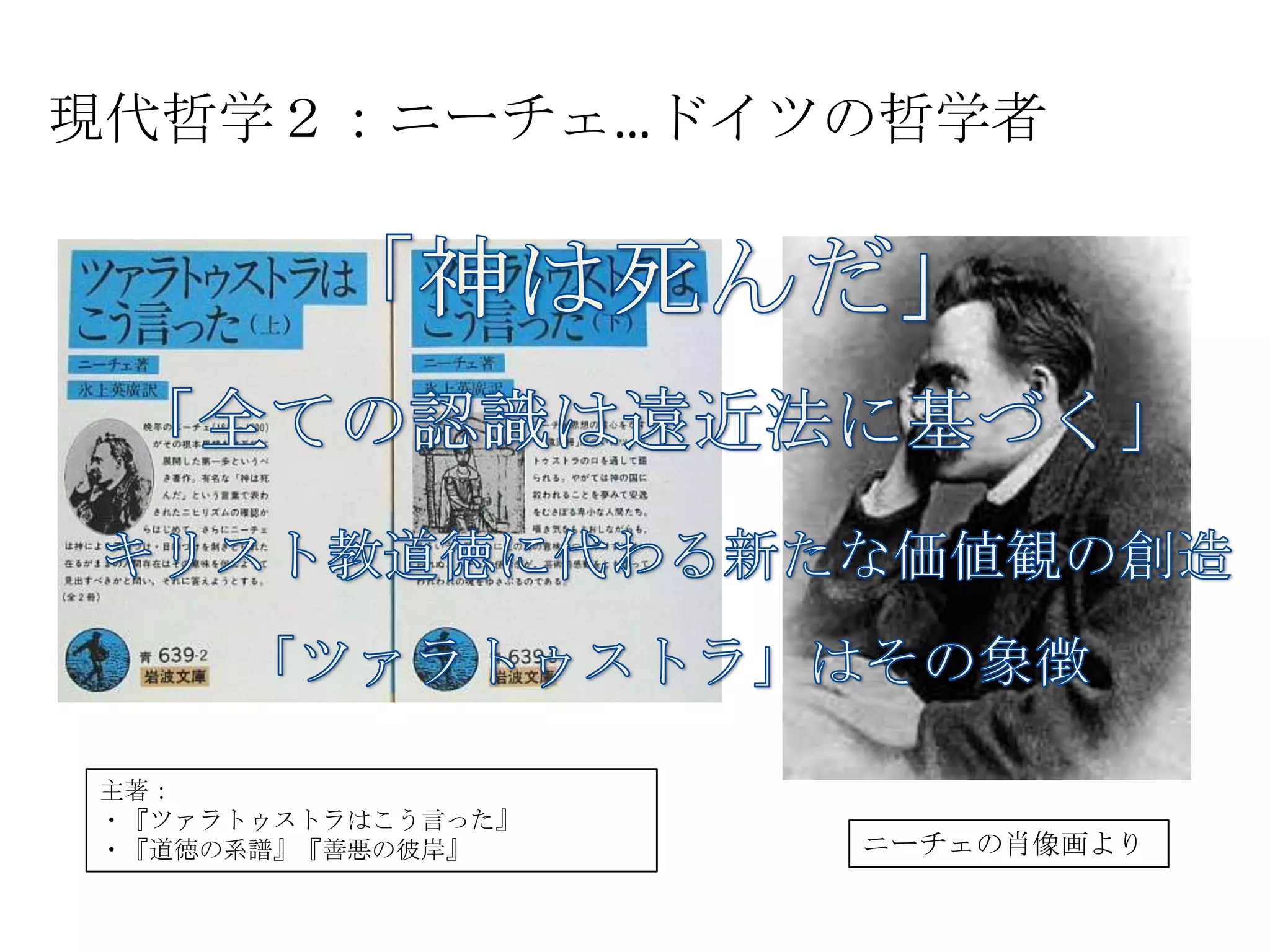 現代哲学２：ニーチェ…ドイツの哲学者	
主著：	
  
・『ツァラトゥストラはこう言った』	
  
・『道徳の系譜』『善悪の彼岸』	
   ニーチェの肖像画より	
  
 