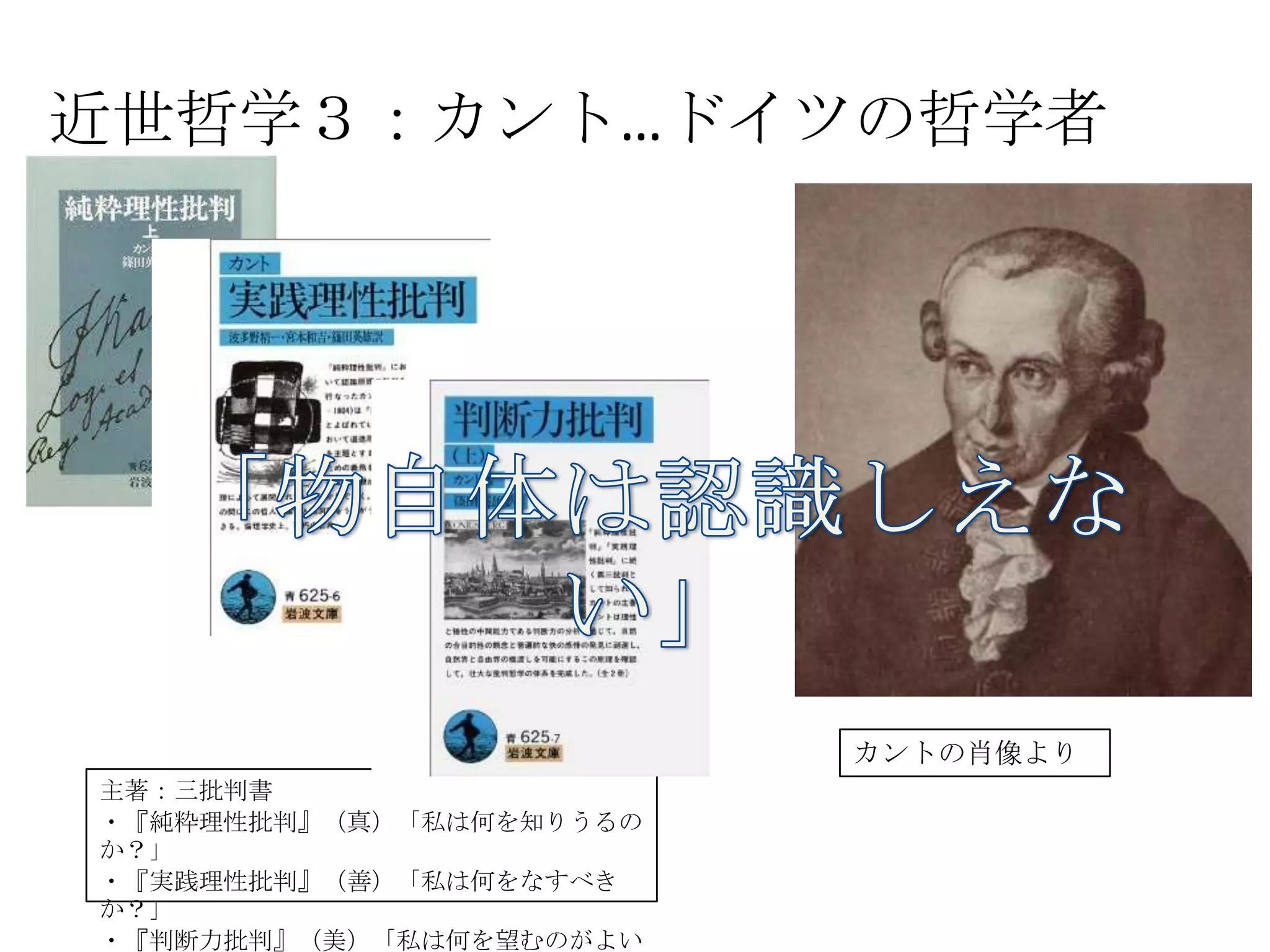 近世哲学３：カント…ドイツの哲学者	
主著：三批判書	
  
・『純粋理性批判』（真）「私は何を知りうるのか？」	
  
・『実践理性批判』（善）「私は何をなすべきか？」	
  
・『判断力批判』（美）「私は何を望むのがよいか？」	
  
カントの肖像より	
  
 