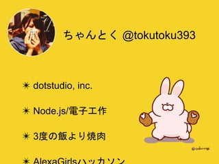 ✴ dotstudio, inc.
✴ Node.js/電子工作
✴ 3度の飯より焼肉
ちゃんとく @tokutoku393
 