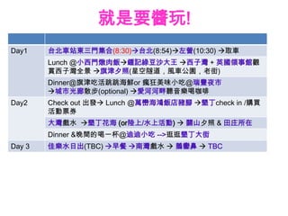 就是要醬玩!
Day1    台北車站東三門集合(8:30)台北(8:54)左營(10:30) 取車
        Lunch @小西門燉肉飯鍾記綠豆沙大王 西子灣 + 英國領事館觀
        賞西子灣全景 旗津夕照(星空隧道，風車公園，老街)
        Dinner@旗津吃活跳跳海鮮or 瘋狂美味小吃@瑞豐夜市
        城市光廊散步(optional) 愛河河畔聽音樂喝咖啡
Day2    Check out 出發 Lunch @萬巒海鴻飯店豬腳 墾丁check in /購買
        活動票券
        大灣戲水 墾丁花海 (or陸上/水上活動)  關山夕照 & 田庄所在
        Dinner &晚間的喝一杯@迪迪小吃 -->逛逛墾丁大街
Day 3   佳樂水日出(TBC) 早餐 南灣戲水  鵝鑾鼻  TBC
 