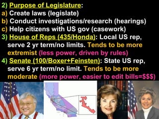 2)   Purpose of Legislature :  a)  Create laws (legislate) b)  Conduct investigations/research (hearings) c)  Help citizens with US gov (casework)  3)   House of Reps (435/Honda) : Local US rep, serve 2 yr term/no limits.  Tends to be more extremist  (less power, driven by rules) 4)   Senate (100/Boxer+Feinsten) : State US rep, serve 6 yr term/no limit.  Tends to be more moderate  (more power, easier to edit bills=$$$) http://www.cnn.com/SPECIALS/2009/freshman.year/ 