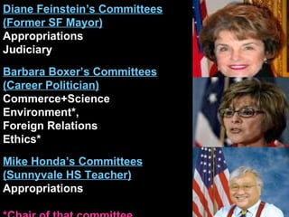 Diane Feinstein’s Committees (Former SF Mayor) Appropriations Judiciary Barbara Boxer’s Committees (Career Politician) Commerce+Science Environment*,  Foreign Relations Ethics* Mike Honda’s Committees (Sunnyvale HS Teacher) Appropriations *Chair of that committee 