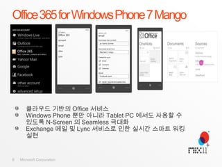 Office 365 for Windows Phone 7 Mango,[object Object],클라우드 기반의 Office 서비스,[object Object],Windows Phone 뿐만 아니라 Tablet PC 에서도 사용할 수 있도록 N-Screen 의 Seamless 극대화,[object Object],Exchange 메일 및 Lync서비스로 인한 실시간 스마트 워킹 실현,[object Object],6,[object Object]