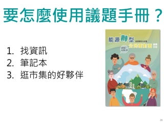 28
1. 找資訊
2. 筆記本
3. 逛市集的好夥伴
要怎麼使用議題手冊？
 