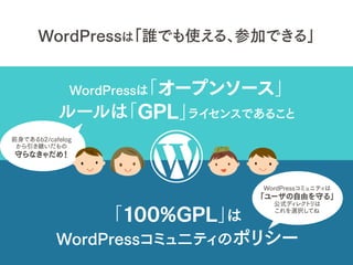 WordPressから
派生したものは
GPL
作者が
GPL
を選択
PHP
WordPress
コミュニティに
貢献しよう
制限をかけることも
出来るけど…
CSS
JS
イメージ
自由 自由
公式ディレクトリのテーマ・プラグイン
では「1...