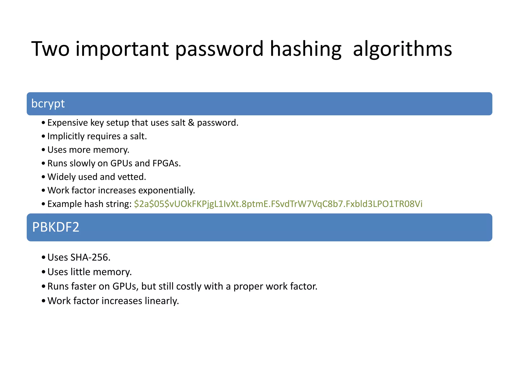 Two important password hashing algorithms
bcrypt
•Expensive key setup that uses salt & password.
•Implicitly requires a salt.
•Uses more memory.
•Runs slowly on GPUs and FPGAs.
•Widely used and vetted.
•Work factor increases exponentially.
•Example hash string: $2a$05$vUOkFKPjgL1IvXt.8ptmE.FSvdTrW7VqC8b7.Fxbld3LPO1TR08Vi
PBKDF2
•Uses SHA-256.
•Uses little memory.
•Runs faster on GPUs, but still costly with a proper work factor.
•Work factor increases linearly.
 