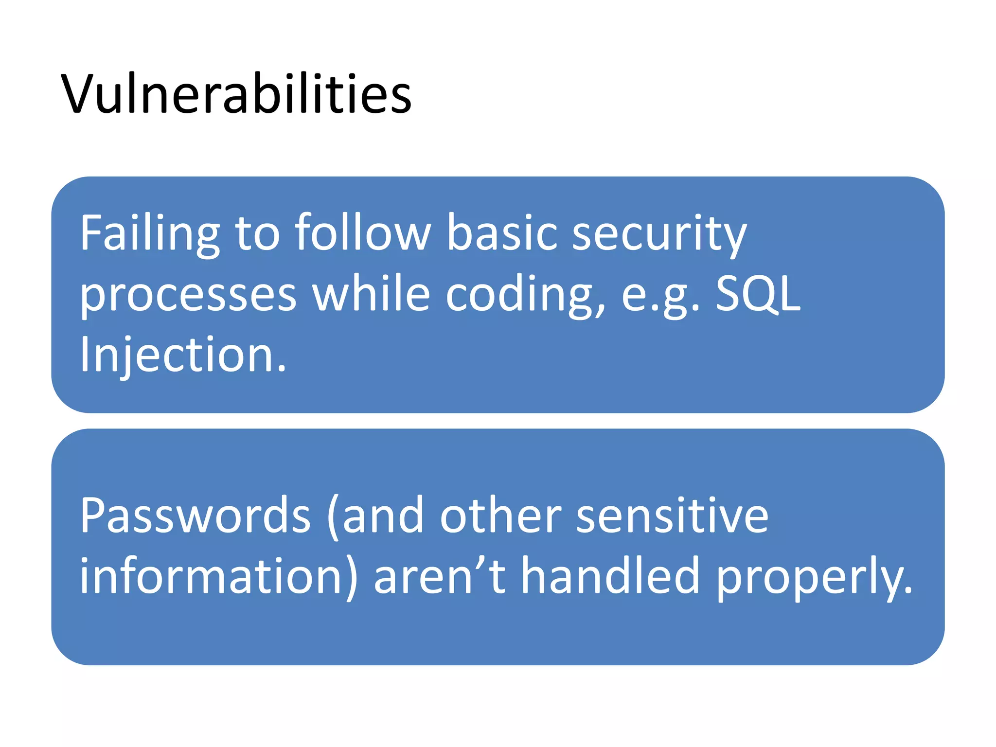 Vulnerabilities
Failing to follow basic security
processes while coding, e.g. SQL
Injection.
Passwords (and other sensitive
information) aren’t handled properly.
 
