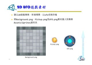  建立2D遊戲專案，新增場景，以ufo名稱存檔
 將Background.png、Pickup.png及UFO.png素材滙入到專案
AssetsSprites資料夾
2D UFO遊戲素材
14
Background.png
Pickup.png
UFO.png
 