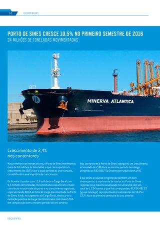EDIÇÃO Nº69
8
PORTO DE SINES CRESCE 10,5% NO PRIMEIRO SEMESTRE DE 2016
24 MILHÕES DE TONELADAS MOVIMENTADAS
Crescimento de 2,4%
nos contentores
Nos primeiros seis meses do ano, o Porto de Sines movimentou
mais de 24 milhões de toneladas, a que corresponde um
crescimento de 10,5% face a igual período do ano transato,
consolidando a sua trajetória de crescimento.
Os Granéis Líquidos com 11,8 milhões e a Carga Geral com
9,5 milhões de toneladas movimentadas assumiram o maior
contributo na atividade do porto e no crescimento registado,
representando 88,6% do total de carga movimentada no Porto
de Sines. Ainda no segmento da Carga Geral, destaca-se a
evolução positiva da carga contentorizada, com mais 17,6%
em comparação com o mesmo período do ano anterior.
COORDENADAS12
Nos contentores o Porto de Sines assegurou um crescimento
acumulado de 2,4%, face ao mesmo período homólogo,
atingindo os 692.866 TEU (twenty feet equivalent unit).
A par desta evolução e registando também um bom
desempenho, o movimento de navios no Porto de Sines
registou novo máximo acumulado no semestre com um
total de 1.224 navios a que lhe correspondeu 45.754.491 GT
(gross tonnage), representando crescimentos de 18,2% e
22,7% face ao primeiro semestre do ano anterior.
 