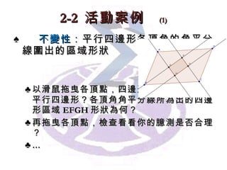 2-2  活動案例   (1) 不變性 ：平行四邊形各頂角的角平分線 圍 出的區域形狀 以滑鼠拖曳各頂點， 四邊形 ABCD 是否仍為平行四邊形？各頂角角平分線所為出的四邊形區域 EFGH 形狀為 何？ 再拖曳各頂點，檢查看看你的臆測是否合理？ … 