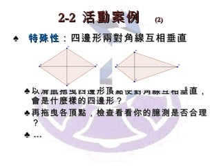 2-2  活動案例   (2) 特殊性 ：四邊形兩對角線互相垂直 以滑鼠拖曳四邊形頂點使對角線互相垂直，會是什麼樣的四邊形？ 再拖曳各頂點，檢查看看你的臆測是否合理？ … 