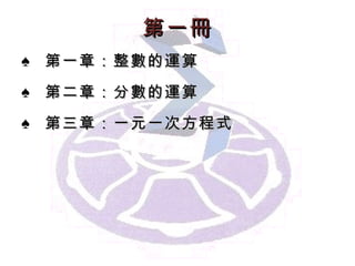 第一冊 第一章： 整數的運算 第二章： 分數的運算 第 三 章： 一元一次方程式 