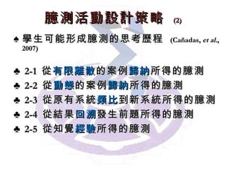 臆測活動設計策略   (2) 學生可能形成臆測的思考歷程   (Cañadas,  et al. , 2007) 2-1  從 有限離散 的案例 歸納 所得的臆測 2-2  從 動態 的案例 歸納 所得的臆測 2-3  從原有系統 類比 到新系統所得的臆測 2-4  從結果 回溯 發生前題所得的臆測 2-5  從知覺 經驗 所得的臆測 