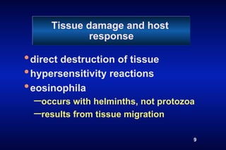 Tissue damage and host
             response

• direct destruction of tissue
• hypersensitivity reactions
• eosinophila
  – occurs with helminths, not protozoa
  – results from tissue migration
                                      9
 