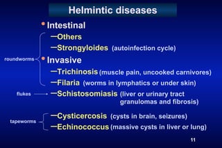 Helmintic diseases
             • Intestinal
               – Others
               – Strongyloides   (autoinfection cycle)
roundworms   • Invasive
               – Trichinosis (muscle pain, uncooked carnivores)
               – Filaria (worms in lymphatics or under skin)
    flukes     – Schistosomiasis (liver or urinary tract
                                   granulomas and fibrosis)

 tapeworms
               – Cysticercosis (cysts in brain, seizures)
               – Echinococcus (massive cysts in liver or lung)
                                                         11
 