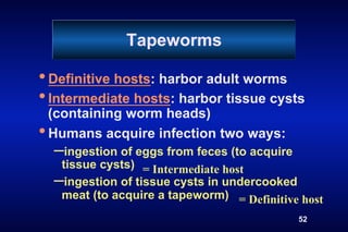 Tapeworms

• Definitive hosts: harbor adult worms
• Intermediate hosts: harbor tissue cysts
  (containing worm heads)
• Humans acquire infection two ways:
  – ingestion of eggs from feces (to acquire
   tissue cysts) = Intermediate host
  – ingestion of tissue cysts in undercooked
   meat (to acquire a tapeworm) = Definitive host
                                               52
 