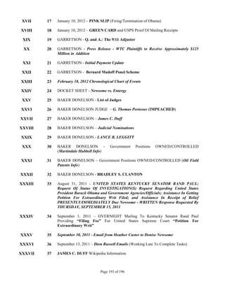 XVII    17   January 10, 2012 – PINK SLIP (Firing/Termination of Obama)

XVIII    18   January 10, 2012 – GREEN CARD and USPS Proof Of Mailing Receipts

 XIX     19   GARRETSON - Q. and A.: The 9/11 Adjuster

 XX      20   GARRETSON - Press Release - WTC Plaintiffs to Receive Approximately $125
              Million in Addition

 XXI     21   GARRETSON - Initial Payment Update

 XXII    22   GARRETSON - Bernard Madoff Ponzi Scheme

XXIII    23   February 18, 2012 Chronological Chart of Events

XXIV     24   DOCKET SHEET - Newsome vs. Entergy

 XXV     25   BAKER DONELSON - List of Judges

XXVI     26   BAKER DONELSON JUDGE – G. Thomas Porteous (IMPEACHED)

XXVII    27   BAKER DONELSON – James C. Duff

XXVIII   28   BAKER DONELSON – Judicial Nominations

XXIX     29   BAKER DONELSON - LANCE B. LEGGITT

 XXX     30   BAKER DONELSON –              Government    Positions   OWNED/CONTROLLED
              (Martindale Hubbell Info)

XXXI     31   BAKER DONELSON – Government Positions OWNED/CONTROLLED (Oil Field
              Patents Info)

XXXII    32   BAKER DONELSON - BRADLEY S. CLANTON

XXXIII   33   August 31, 2011 - UNITED STATES KENTUCKY SENATOR RAND PAUL:
              Request Of Status Of INVESTIGATION(S) Request Regarding United States
              President Barack Obama and Government Agencies/Officials; Assistance In Getting
              Petition For Extraordinary Writ Filed; and Assistance In Receipt of Relief
              PRESENTLY/IMMEDIATELY Due Newsome - WRITTEN Response Requested By
              THURSDAY, SEPTEMBER 15, 2011

XXXIV    34   September 1, 2011 – OVERNIGHT Mailing To Kentucky Senator Rand Paul
              Providing “Filing Fee” For United States Supreme Court “Petition For
              Extraordinary Writ”

XXXV     35   September 30, 2011 - Email from Heather Custer to Denise Newsome

XXXVI    36   September 13, 2011 – Dion Russell Emails (Working Late To Complete Tasks)

XXXVII   37   JAMES C. DUFF Wikipedia Information



                                      Page 193 of 196
 