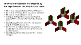 The Vectorbloc System was inspired by
the experience of the Vector Praxis team:
• 30+ years of precision offsite architectural fabrication
• 15+ years of 3D / model-driven architectural fabrication
• 40+ tours of off-site fabrication plants
• Setting up, staffing and running a successful plant
creating AAA modules for a Norman Foster-designed
tower
• Detailed study of numerous modular and structural
projects in the USA, Canada, Asia
• Development of modular buildings and systems in
collaboration with prominent architectural firms and
panelized builders
• Detailed study of residential tower envelope renewal
strategies
 