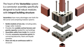The heart of the Vectorbloc system
is a connector assembly specifically
designed to build robust modules
with integral building structure
Vectorblocs have many advantages over both the
ISO corner and competing modular systems:
• Builds modules of any size, including wider,
longer, taller modules
• Provides the scalable vertical tension and
gravity capacity needed for real buildings
• Assembles safely from inside the module
• Provides accessory connection points for
connecting balconies, floors and façade
cassettes
• Does not rely on continuous walls for
structure
 