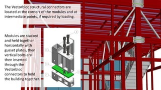 The Vectorbloc structural connectors are
located at the corners of the modules and at
intermediate points, if required by loading.
Modules are stacked
and held together
horizontally with
gusset plates, then
vertical bolts are
then inserted
through the
Vectorbloc
connectors to hold
the building together.
 