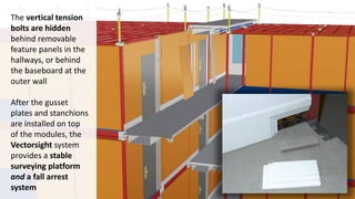 The vertical tension
bolts are hidden
behind removable
feature panels in the
hallways, or behind
the baseboard at the
outer wall
After the gusset
plates and stanchions
are installed on top
of the modules, the
Vectorsight system
provides a stable
surveying platform
and a fall arrest
system
 
