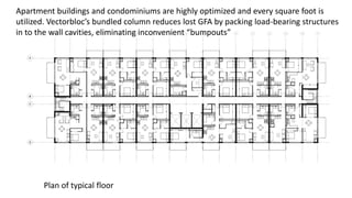Plan of typical floor
Apartment buildings and condominiums are highly optimized and every square foot is
utilized. Vectorbloc’s bundled column reduces lost GFA by packing load-bearing structures
in to the wall cavities, eliminating inconvenient “bumpouts”
 