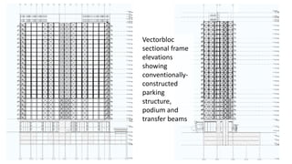 Vectorbloc
sectional frame
elevations
showing
conventionally-
constructed
parking
structure,
podium and
transfer beams
 