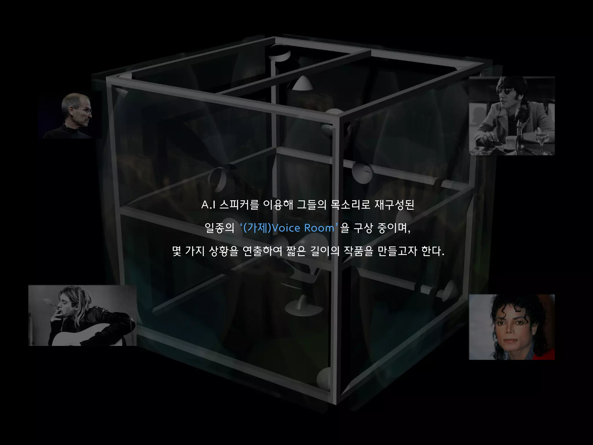 A.I 스피커를 이용해 그들의 목소리로 재구성된
일종의 ‘(가제)Voice Room’을 구상 중이며,
몇 가지 상황을 연출하여 짧은 길이의 작품을 만들고자 한다.
 