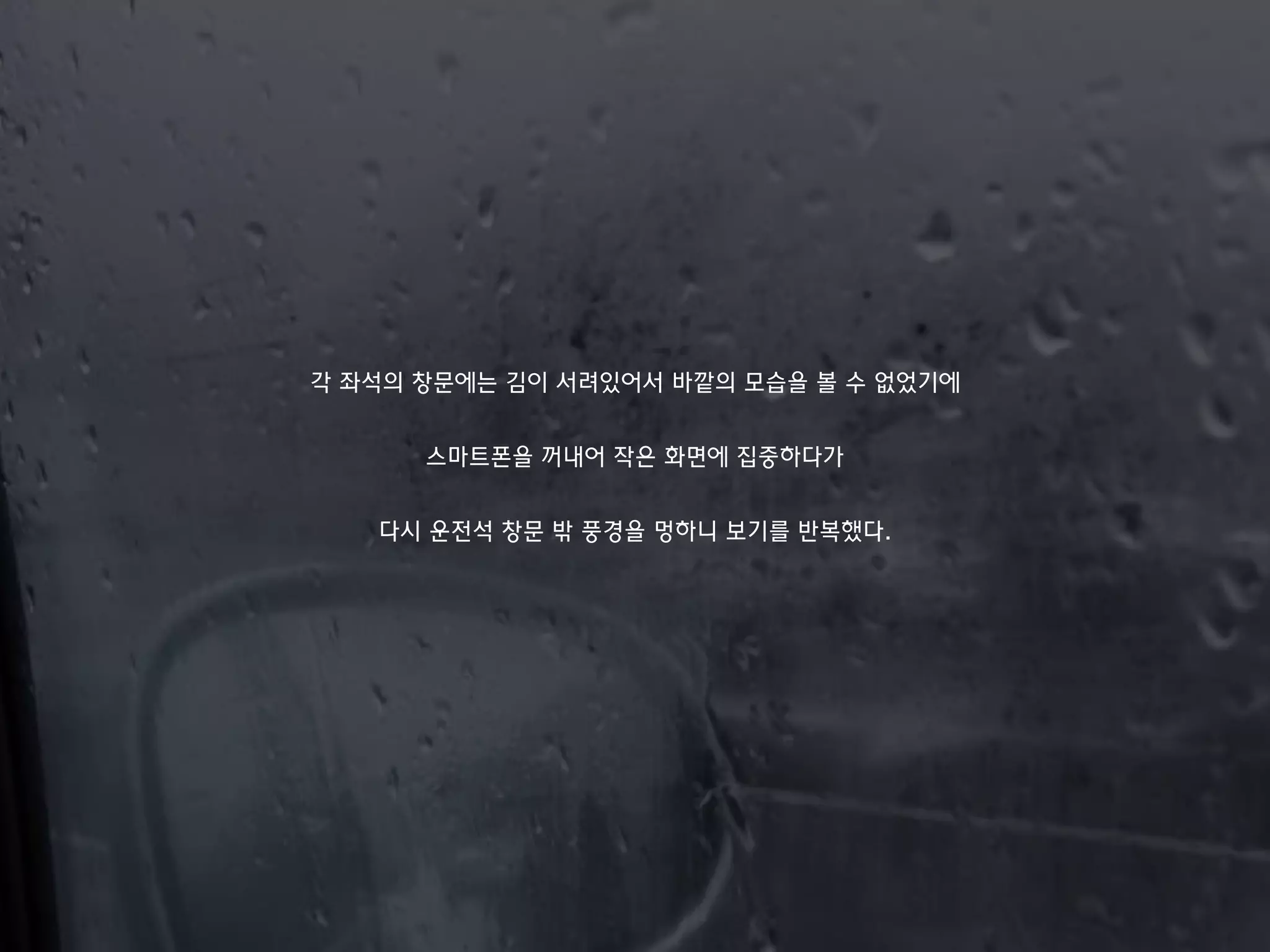 각 좌석의 창문에는 김이 서려있어서 바깥의 모습을 볼 수 없었기에
스마트폰을 꺼내어 작은 화면에 집중하다가
다시 운전석 창문 밖 풍경을 멍하니 보기를 반복했다.
 