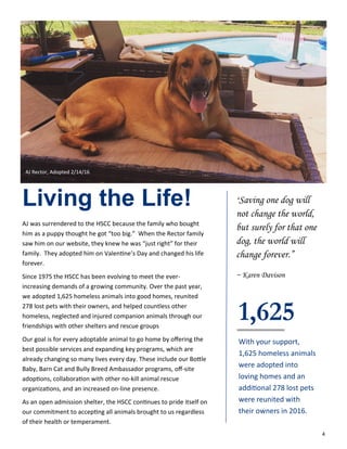 4
“Saving one dog will
not change the world,
but surely for that one
dog, the world will
change forever.”
~ Karen Davison
1,625
With your support,
1,625 homeless animals
were adopted into
loving homes and an
additional 278 lost pets
were reunited with
their owners in 2016.
Living the Life!
AJ was surrendered to the HSCC because the family who bought
him as a puppy thought he got “too big.” When the Rector family
saw him on our website, they knew he was “just right” for their
family. They adopted him on Valentine’s Day and changed his life
forever.
Since 1975 the HSCC has been evolving to meet the ever-
increasing demands of a growing community. Over the past year,
we adopted 1,625 homeless animals into good homes, reunited
278 lost pets with their owners, and helped countless other
homeless, neglected and injured companion animals through our
friendships with other shelters and rescue groups
Our goal is for every adoptable animal to go home by offering the
best possible services and expanding key programs, which are
already changing so many lives every day. These include our Bottle
Baby, Barn Cat and Bully Breed Ambassador programs, off-site
adoptions, collaboration with other no-kill animal rescue
organizations, and an increased on-line presence.
As an open admission shelter, the HSCC continues to pride itself on
our commitment to accepting all animals brought to us regardless
of their health or temperament.
AJ Rector, Adopted 2/14/16
 