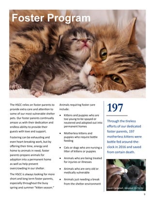 9
Foster Program
The HSCC relies on foster parents to
provide extra care and attention to
some of our most vulnerable shelter
pets. Our foster parents continually
amaze us with their dedication and
endless ability to provide their
guests with love and support.
Fostering can be exhausting and
even heart-breaking work, but by
offering their time, energy and
home to animals in need, foster
parents prepare animals for
adoption into a permanent home
as well as help prevent
overcrowding in our shelter.
The HSCC is always looking for more
short and long term foster parents,
especially throughout the busy
spring and summer “kitten season.”
197
Through the tireless
efforts of our dedicated
foster parents, 197
motherless kittens were
bottle fed around-the-
clock in 2016 and saved
from certain death.
Animals requiring foster care
include:
 Kittens and puppies who are
too young to be spayed or
neutered and adopted out into
permanent homes
 Motherless kittens and
puppies who require bottle
feeding
 Cats or dogs who are nursing a
litter of kittens or puppies
 Animals who are being treated
for injuries or illnesses
 Animals who are very old or
medically vulnerable
 Animals just needing a break
from the shelter environment
Layah Campbell, Adopted 12/15/16
 