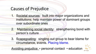 Causes of Prejudice S ocietal sources :  built into major organizations and institutions; help maintain power of dominant groups over subordinate ones  M aintaining social identity :  strengthening bond with person ’s culture S capegoating :  singling out group to bear blame for circumstance, events.  Placing blame. Avoiding prejudice:  • personal contact  • education 