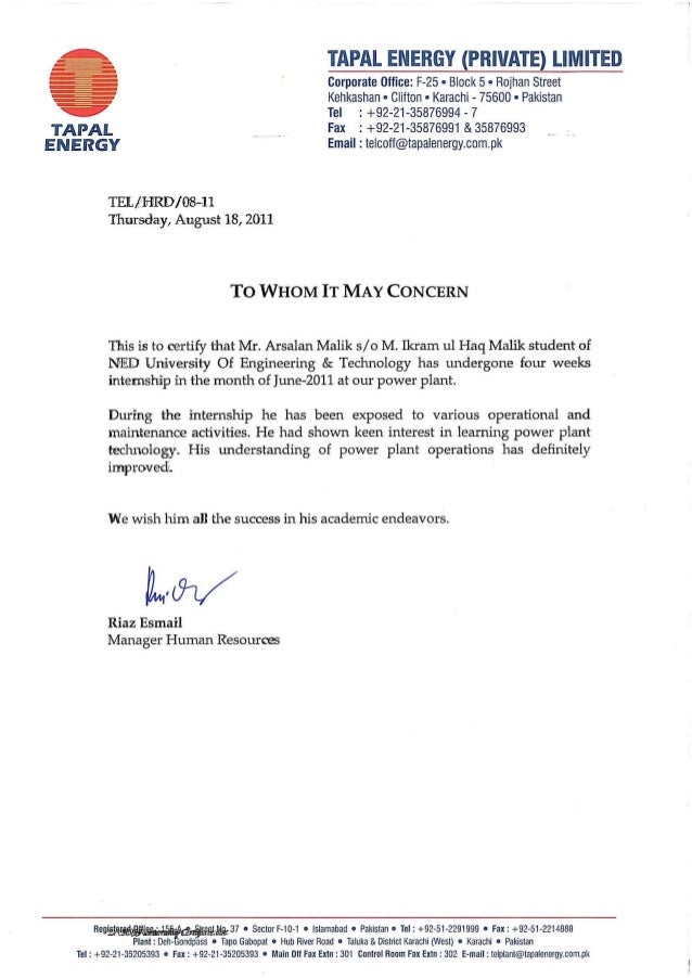 TAPAL ENERGY POWER PLANT INTERNSHIP CERTIFICATE