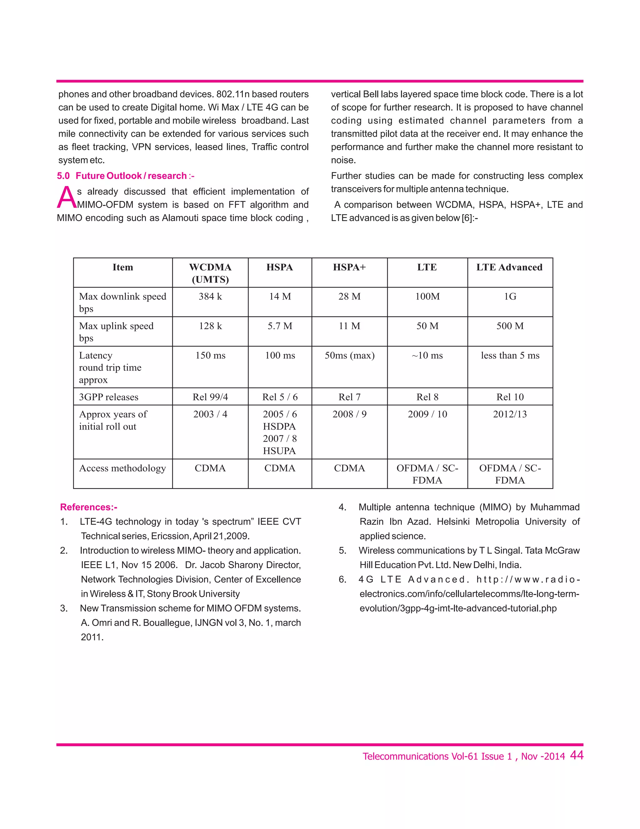 44
phones and other broadband devices. 802.11n based routers
can be used to create Digital home. Wi Max / LTE 4G can be
used for ﬁxed, portable and mobile wireless broadband. Last
mile connectivity can be extended for various services such
as ﬂeet tracking, VPN services, leased lines, Trafﬁc control
system etc.
5.0 Future Outlook / research :-
As already discussed that efﬁcient implementation of
MIMO-OFDM system is based on FFT algorithm and
MIMO encoding such as Alamouti space time block coding ,
vertical Bell labs layered space time block code. There is a lot
of scope for further research. It is proposed to have channel
coding using estimated channel parameters from a
transmitted pilot data at the receiver end. It may enhance the
performance and further make the channel more resistant to
noise.
Further studies can be made for constructing less complex
transceivers for multiple antenna technique.
A comparison between WCDMA, HSPA, HSPA+, LTE and
LTE advanced is as given below [6]:-
Item WCDMA
(UMTS)
HSPA HSPA+ LTE LTE Advanced
Max downlink speed
bps
384 k 14 M 28 M 100M 1G
Max uplink speed
bps
128 k 5.7 M 11 M 50 M 500 M
Latency
round trip time
approx
150 ms 100 ms 50ms (max) ~10 ms less than 5 ms
3GPP releases Rel 99/4 Rel 5 / 6 Rel 7 Rel 8 Rel 10
Approx years of
initial roll out
2003 / 4 2005 / 6
HSDPA
2007 / 8
HSUPA
2008 / 9 2009 / 10 2012/13
Access methodology CDMA CDMA CDMA OFDMA / SC-
FDMA
OFDMA / SC-
FDMA
References:-
1. LTE-4G technology in today 's spectrum” IEEE CVT
Technical series, Ericssion,April 21,2009.
2. Introduction to wireless MIMO- theory and application.
IEEE L1, Nov 15 2006. Dr. Jacob Sharony Director,
Network Technologies Division, Center of Excellence
in Wireless & IT, Stony Brook University
3. New Transmission scheme for MIMO OFDM systems.
A. Omri and R. Bouallegue, IJNGN vol 3, No. 1, march
2011.
4. Multiple antenna technique (MIMO) by Muhammad
Razin Ibn Azad. Helsinki Metropolia University of
applied science.
5. Wireless communications by T L Singal. Tata McGraw
Hill Education Pvt. Ltd. New Delhi, India.
6. 4 G LT E A d v a n c e d . h t t p : / / w w w . r a d i o -
electronics.com/info/cellulartelecomms/lte-long-term-
evolution/3gpp-4g-imt-lte-advanced-tutorial.php
Telecommunications Vol-61 Issue 1 , Nov -2014
 