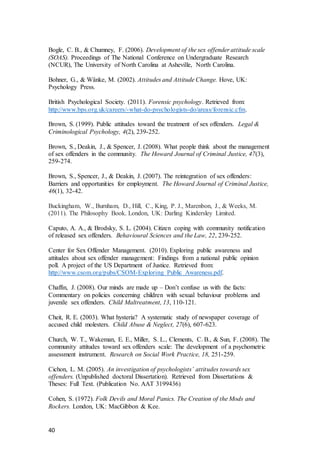 40
Bogle, C. B., & Chumney, F. (2006). Development of the sex offender attitude scale
(SOAS). Proceedings of The National Conference on Undergraduate Research
(NCUR), The University of North Carolina at Asheville, North Carolina.
Bohner, G., & Wänke, M. (2002). Attitudes and Attitude Change. Hove, UK:
Psychology Press.
British Psychological Society. (2011). Forensic psychology. Retrieved from:
http://www.bps.org.uk/careers/-what-do-psychologists-do/areas/forensic.cfm.
Brown, S. (1999). Public attitudes toward the treatment of sex offenders. Legal &
Criminological Psychology, 4(2), 239-252.
Brown, S., Deakin, J., & Spencer, J. (2008). What people think about the management
of sex offenders in the community. The Howard Journal of Criminal Justice, 47(3),
259-274.
Brown, S., Spencer, J., & Deakin, J. (2007). The reintegration of sex offenders:
Barriers and opportunities for employment. The Howard Journal of Criminal Justice,
46(1), 32-42.
Buckingham, W., Burnham, D., Hill, C., King, P. J., Marenbon, J., & Weeks, M.
(2011). The Philosophy Book. London, UK: Darling Kindersley Limited.
Caputo, A. A., & Brodsky, S. L. (2004). Citizen coping with community notification
of released sex offenders. Behavioural Sciences and the Law, 22, 239-252.
Center for Sex Offender Management. (2010). Exploring public awareness and
attitudes about sex offender management: Findings from a national public opinion
poll. A project of the US Department of Justice. Retrieved from:
http://www.csom.org/pubs/CSOM-Exploring Public Awareness.pdf.
Chaffin, J. (2008). Our minds are made up – Don’t confuse us with the facts:
Commentary on policies concerning children with sexual behaviour problems and
juvenile sex offenders. Child Maltreatment, 13, 110-121.
Cheit, R. E. (2003). What hysteria? A systematic study of newspaper coverage of
accused child molesters. Child Abuse & Neglect, 27(6), 607-623.
Church, W. T., Wakeman, E. E., Miller, S. L., Clements, C. B., & Sun, F. (2008). The
community attitudes toward sex offenders scale: The development of a psychometric
assessment instrument. Research on Social Work Practice, 18, 251-259.
Cichon, L. M. (2005). An investigation of psychologists’ attitudes towards sex
offenders. (Unpublished doctoral Dissertation). Retrieved from Dissertations &
Theses: Full Text. (Publication No. AAT 3199436)
Cohen, S. (1972). Folk Devils and Moral Panics. The Creation of the Mods and
Rockers. London, UK: MacGibbon & Kee.
 
