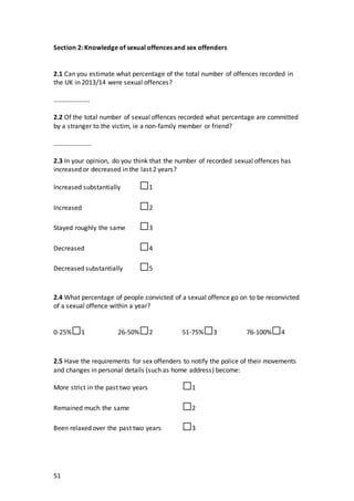 51
Section 2: Knowledge of sexual offences and sex offenders
2.1 Can you estimate what percentage of the total number of offences recorded in
the UK in 2013/14 were sexual offences?
………………….
2.2 Of the total number of sexual offences recorded what percentage are committed
by a stranger to the victim, ie a non-family member or friend?
…………………..
2.3 In your opinion, do you think that the number of recorded sexual offences has
increased or decreased in the last 2 years?
Increased substantially □1
Increased □2
Stayed roughly the same □3
Decreased □4
Decreased substantially □5
2.4 What percentage of people convicted of a sexual offence go on to be reconvicted
of a sexual offence within a year?
0-25%□1 26-50%□2 51-75%□3 76-100%□4
2.5 Have the requirements for sex offenders to notify the police of their movements
and changes in personal details (such as home address) become:
More strict in the past two years □1
Remained much the same □2
Been relaxed over the past two years □3
 