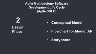 © 2018 Slidefabric.com All rights reserved. S L I D E 8
Agile Methodology Software
Development Life Cycle
(Agile SDLC)
Design
Phase
• Conceptual Model
• Flowchart for Medic: AR
• Storyboard
2
 