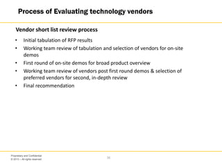 © 2013 – All rights reserved
35
Proprietary and Confidential
• Initial tabulation of RFP results
• Working team review of tabulation and selection of vendors for on-site
demos
• First round of on-site demos for broad product overview
• Working team review of vendors post first round demos & selection of
preferred vendors for second, in-depth review
• Final recommendation
Vendor short list review process
Process of Evaluating technology vendors
 