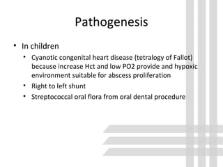 Pathogenesis
• In children
• Cyanotic congenital heart disease (tetralogy of Fallot)
because increase Hct and low PO2 provide and hypoxic
environment suitable for abscess proliferation
• Right to left shunt
• Streptococcal oral flora from oral dental procedure
 