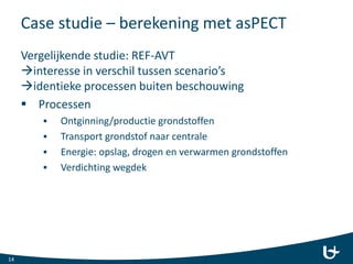 Case studie – berekening met asPECT
Vergelijkende studie: REF-AVT
interesse in verschil tussen scenario’s
identieke processen buiten beschouwing
 Processen
 Ontginning/productie grondstoffen
 Transport grondstof naar centrale
 Energie: opslag, drogen en verwarmen grondstoffen
 Verdichting wegdek
14
 