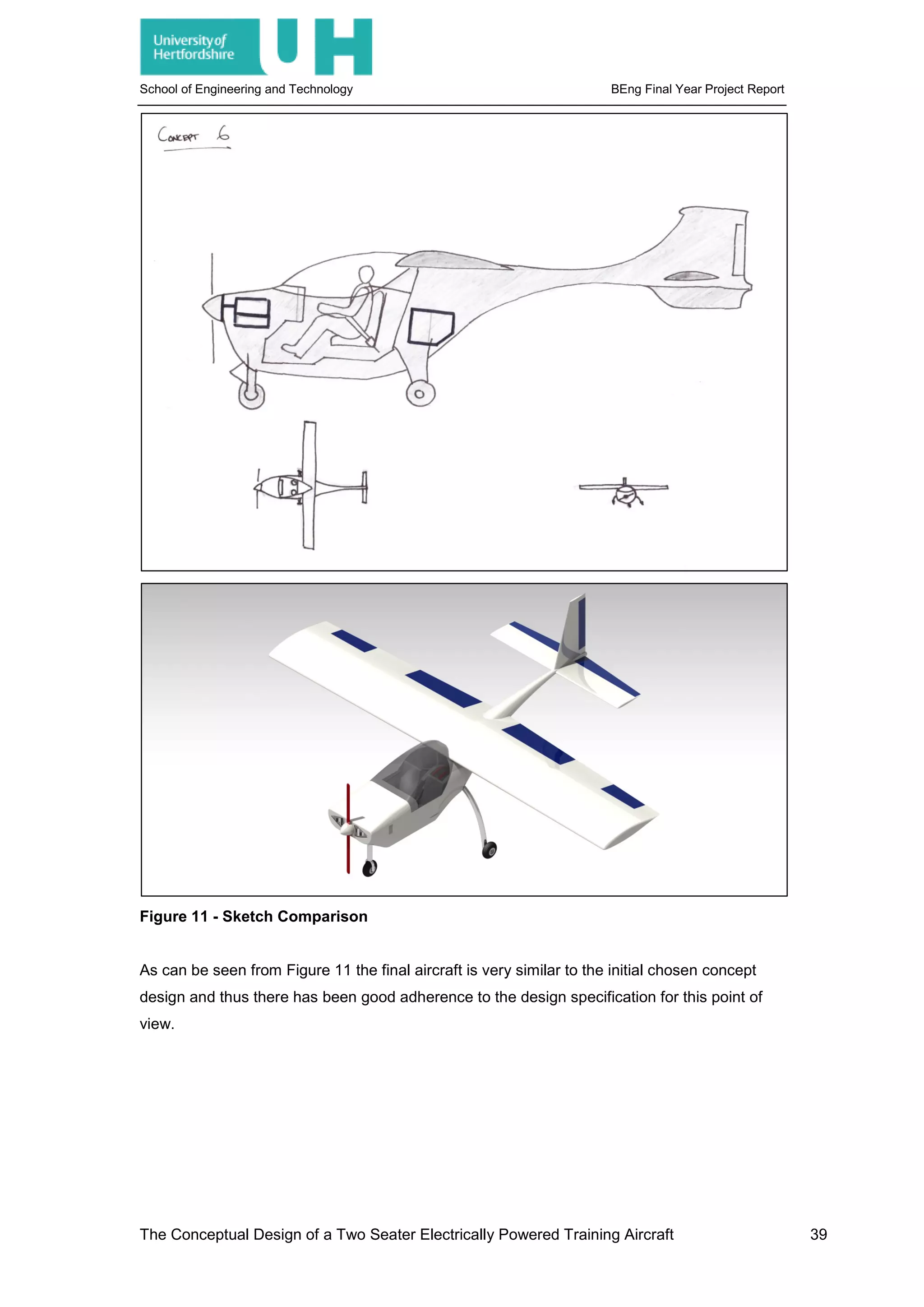 School of Engineering and Technology BEng Final Year Project Report
Figure 11 - Sketch Comparison
As can be seen from Figure 11 the final aircraft is very similar to the initial chosen concept
design and thus there has been good adherence to the design specification for this point of
view.
The Conceptual Design of a Two Seater Electrically Powered Training Aircraft 39
 