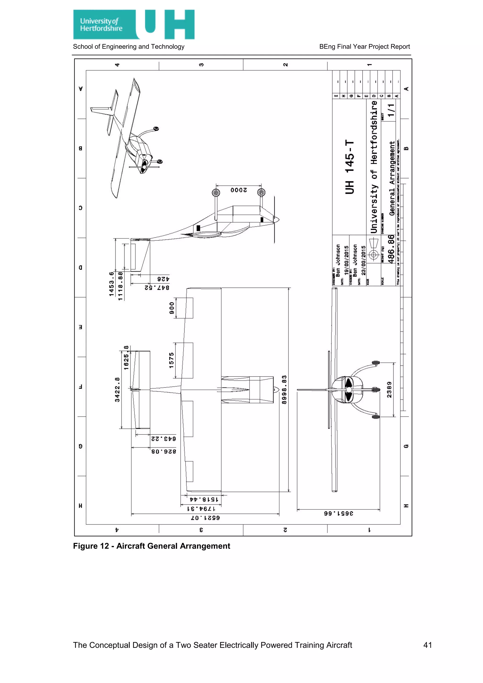 School of Engineering and Technology BEng Final Year Project Report
Figure 12 - Aircraft General Arrangement
The Conceptual Design of a Two Seater Electrically Powered Training Aircraft 41
 