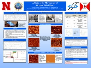  3-hydroxyphenalenone (3-HPLN) was chosen as the source
material to prepare organic thin films on Al2O3 substrates
 Films were deposited using thermal evaporation under high
vacuum. (EvoVac)
 Substrate temperature was adjusted to control the film
morphology
 Atomic Force Microscopy (AFM) was used to measure the
surface morphology of the thin films
This work was supported by the National Science Foundation
(NSF) through the Centers of Research Excellence in Science
and Technology (CREST, HRD-1345163), and by the Nebraska
Materials Research Science and Engineering Center (MRSEC,
DMR-1420645).
Dr. Yuewei Yin, Kishan Kumar Sinha, Xiaozhe Zhang; Physics
and Astronomy, UNL
Thank you to UNL Physics and Astronomy Department, for
hosting this internship.
 Organic electronics are gaining relevance due to their flexibility
and low cost. In particular, organic thin films play critical roles
in these applications for replacing certain inorganic counter parts.
 Preparing organic thin films of smooth morphology is necessary
for application. Here we study the effect of growth conditions on
film morphology in physical vapor deposition processes.
Abstract
Purpose
Comparison of 3-HPLN and Croconic Acid
Analysis
Conclusion
Acknowledgements
Procedure
 Clean the Al2O3 substrate which is then placed inside the
chamber.
 Pump down the chamber to high vacuum (110 -7 Torr)
 Begin to heat the organic source to the sublimation point; cooling
down the substrate if needed.
 Open the shutter to allow the organic molecules to deposit onto
the substrate.
 AFM for morphology characterization.
Instrumentation
References
1 Slashgear.com
http://www.slashgear.com/lg-pumps-8-7bn-into-oled-for-your-car-
tv-and-wrist-27416167/
Line scan of the
images at RT
(left) and -80 °C
(right).
EvoVac Deposition:
High vacuum for
sublimation of
organic materials.
Variable substrate
temperature from -
160C to 200C for
controlling the film
growth
3-HPLN at -15C:
• Thickness: 40nm
• Abled to see some holes
on the surface.
3-HPLN at RT:
• Thickness: 40nm
• Grown close together, not smooth
3-HPLN at -80C
• Thickness: 40nm
• Grew in Island style wouldn’t
be a good surface
A Study of the Morphology of
Organic Thin Films:
Nicole Lopez1, Xuanuan Jiang2, Dr. Xiaoshan Xu2
1Department of Physics, California State University, San Bernardino, CA, USA
2Department of Physics and Astronomy at University of Nebraska-Lincoln, NE, USA
Surface Morphologies
Croconic Acid(CA)
at -30C:
 Covered the whole
substrate surface
 Has low roughness
of 3.5nm.
3-HPLN at -30C:
• Thickness: 40nm
• Rough but has a nearly continues
surface.
Atomic Force
Microscope(AFM):
Scanning probe to
determine the surface
morphology
Surface roughness,
coverage can be found
from the AFM images
Vaporized
material
Deposition of
thin film
Source Material
Heater
Vacuum Chamber
Source Holder
3-HPLN at -30C:
 Covered most of
the surface, can
observe some
holes.
 Has high roughness
of 50nm .
Nebraska
MRSEC
The picture to the left
shows how the flexibility
of the organic thick films
may impact and even
revolutionize the
consumer electronics1.
Liquid Nitrogen
Reservoir
1.0µm
890nm
Substrate
Temperature
Coverage Shape Size
Room Temp 97% Round/oval 268 nm
-15 °C 68%
Oval, pointed
in various
directions
247 nm
-30 °C 88% Round, slanted 223 nm
-80 °C 75%
Needle shaped,
random
orientation
251 nm
Best surface at various substrate temperature was -30 °C.
At -30 °C 3-HPLN covers 88% of the surface but has a
roughness of 50 nm.
A comparison of Croconic acid and 3-HPLN found that
Croconic acid had a smoother surface, with 97% Coverage and
3.5nm Roughness.
Substrate
By using the AFM, we obtained
the images of the surface of the
thin films to analyze how various
sub. Temperatures effected the
morphologies
 
